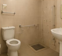 An accessible Eazi Days bathroom with support grab rails, walk-in shower and sink