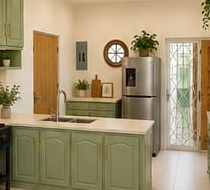 The Eazi Days kitchen — green cabinetry, modern refrigerator and a clean island counter